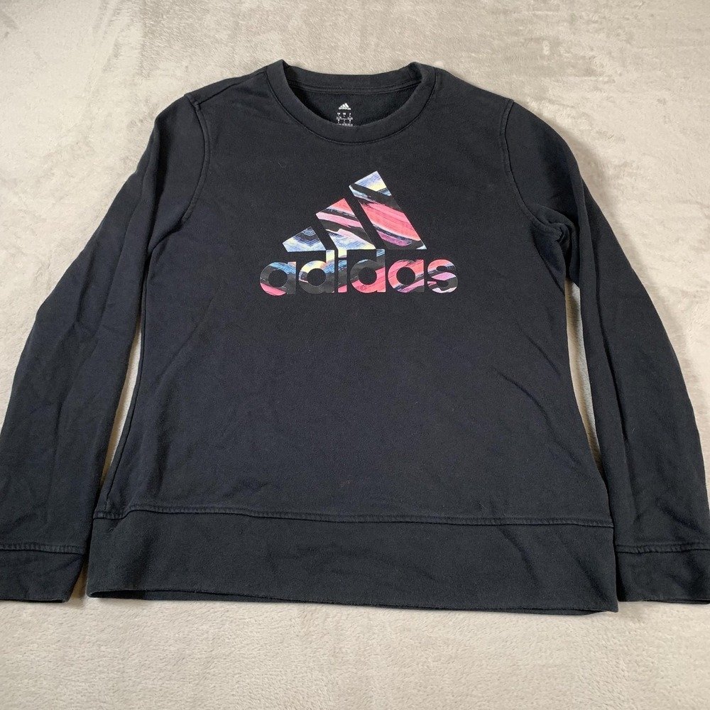 Adidas Shirt Womens Large Black Long Sleeve Graphic Logo Crewneck Sweatshirt